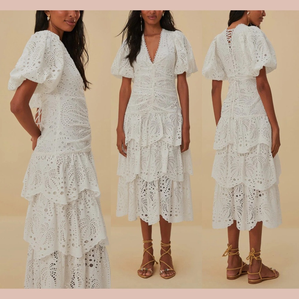 NWD‎ $345 Farm Rio [ XS ] Cotton Eyelet Puff Sleeve Midi Dress White #J2257